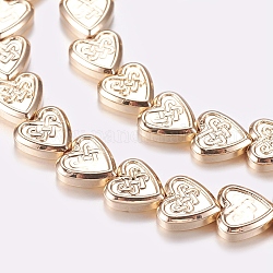 Chapelets de perles en hématite synthétique sans magnétiques, coeur avec noeud chinois, plaqué or et de lumière, 8x8x2.5mm, Trou: 1mm, Environ 55 pcs/chapelet, 15.9 pouce (40.5 cm)