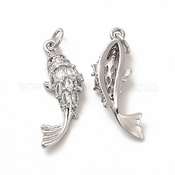 Rack Plating Brass Micro Pave Cubic Zirconia Fish Pendants, with Jump Ring, Long-Lasting Plated, Cadmium Free & Lead Free, Fancy Carp Charm, Platinum, 23x8x4.5mm, Hole: 3.6mm