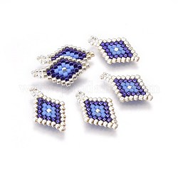 Miyuki & toho pendenti di perline giapponesi fatti a mano, modello telaio, rombo, blu scuro, 19~20x11.5~12x1.7mm, Foro: 1.8 mm