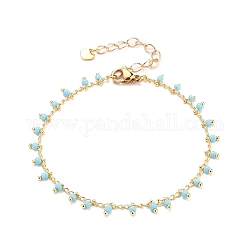 Glass Charm Bracelets, with Brass Curb Chains, 304 Stainless Steel Heart Charms & Lobster Claw Clasps, Real 18K Gold Plated, Sky Blue, 7-1/2 inch(19cm)