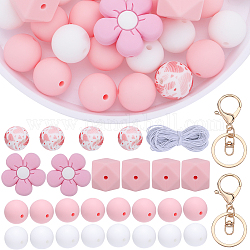 SUNNYCLUE Silicone Beads Keychain Making Kit Beads Silicone Flower Beads Silicone Pink Bead Silicone Rubber Bead Flowers Plant Silicone Bead for Jewelry Making Kits Adults DIY Keychains Supplies