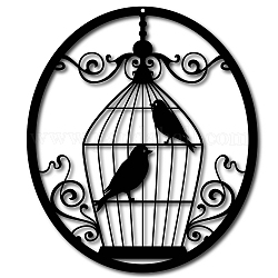 Décorations de pendentif en fer, pour la décoration de jardin extérieur, ovale avec cage à oiseaux, électrophorèse noir, 26x23 cm