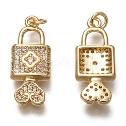 Brass Micro Pave Clear Cubic Zirconia Pendants, Long-Lasting Plated, with Jump Rings, Lock with Heart, Real 18K Gold Plated, 21.5x8.5x3mm, Jump Ring: 4x1mm, 2mm Inner Diameter