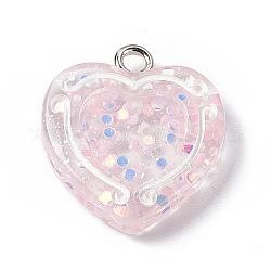 Colgantes de resina transparente, con aros de hierro en tono platino, colgante de corazón con purpurina en polvo y paillette, rosa, 20x17.6x3.5mm, agujero: 2 mm