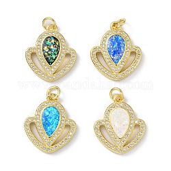 Brass Micro Pave Cubic Zirconia Pendants, with Synthetic Opal and Jump Ring, Real 18K Gold Plated, Mixed Color, 20x17x3mm, Hole: 3.5mm