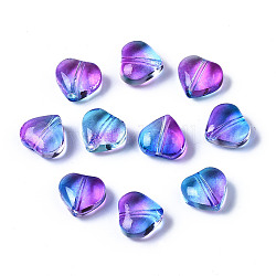 Perle di vetro verniciato a spruzzo trasparente bicolore, cuore, blu, 7.5x8x4.5mm, Foro: 0.9 mm