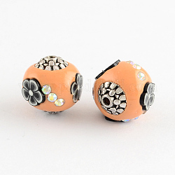 Round Handmade Indonesia Beads, with AB Color Rhinestones, Polymer Clay Flower and Alloy Cores, Antique Silver, Sandy Brown, 15x14mm, Hole: 1.5mm