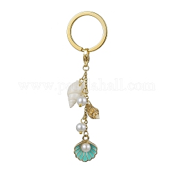 Porte-clés pendentif en alliage d'émail et de coquille en spirale, avec perles de verre et porte-clés fendus en fer, forme coquille, 9.1 cm