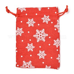 クリスマスをテーマにした黄麻布のパッキングポーチ  巾着袋  雪の結晶模様と  レッド  14.5x10.1x0.3cm