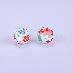 Bedruckte runde Fokalperlen aus Silikon mit Blumenmuster, zufällige Farbe, 15x15 mm, Bohrung: 2 mm