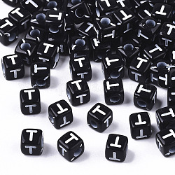 Perline acrilico opaco, foro orizzontale, stile alfabeto, cubo, bianco e nero, letter.t, 5x5x5mm, Foro: 2 mm, circa 500pcs/50g