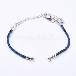 Création de bracelet en cordon de coton tressé, laiton homard fermoirs griffe et les chaînes d'extension, avec strass, platine, bleu marine, 5-3/8 pouce ~ 5-1/2 pouces (13.5~14 cm), 3mm, Trou: 2mm
