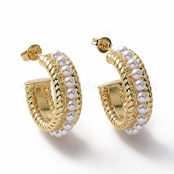 Aretes en forma de c con cuentas de perlas de plástico abs, pendientes de medio aro de latón para mujer, real 18k chapado en oro, 25.5x25x8mm, pin: 0.8 mm