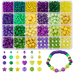 Ahadermaker bricolage perles fabrication de bijoux kit de recherche, y compris les perles rondes et étoiles et cœur en acrylique et en verre et en argile polymère., couleur mixte, 4~11x4~11x0.5~9mm, Trou: 1~4mm, environ 1227 pcs / boîte