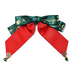 Weihnachts-Sicherheitsnadel-Brosche aus Polyesterband mit Schleife, mit Schneeflocke und Glöckchen aus Legierungs-Strassen, Eisenstift, rot, 130x157x11 mm