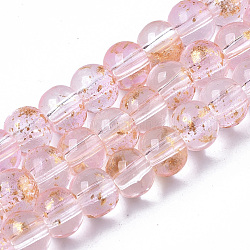 Chapelets de perles en verre peinte par pulvérisation transparent, avec une feuille d'or, ronde, rose, 4~5mm, Trou: 0.9~1.2mm, Environ 95~103 pcs/chapelet, 13.78 pouce ~ 14.88 pouces (35~37.8 cm)
