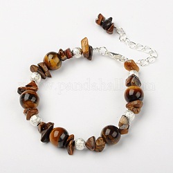 Tiger Eye Bracelets, with Brass Textured Beads and Alloy Lobster Claw Clasps, Silver Color Plated, Tiger Eye, 185mm