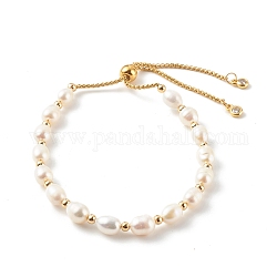 Bracelets coulissants en perles naturelles de riz, bracelets bolo, avec 304 chaînes de boîte en acier inoxydable, or, blanc, diamètre intérieur: 1-7/8~3-1/8 pouce (4.8~7.8 cm)