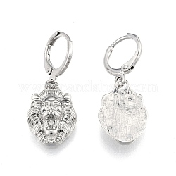 Brass Lion Dangle Leverback Earrings for Women, Cadmium Free & Nickel Free & Lead Free, Real Platinum Plated, 30mm, Pin: 1mm