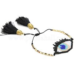 Glass Seed Braided Bead Bracelet with Big Tassel Charms, Evil Eye Adjustable Bracelet for Women, Colorful, 5-1/8 inch(13cm)