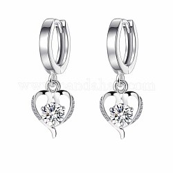 Brass Hoop Earrings, with Cubic Zirconia, Heart, Clear, Platinum