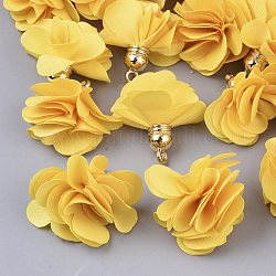 Décorations de pendentif en tissu, avec les accessoires acryliques, fleur, or, 25~30x28~35mm, Trou: 2mm