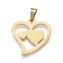 Pendentifs en acier inoxydable saint valentin 304, Coupe au laser, coeur avec le coeur, or, 19x19x1.1mm, Trou: 3x5mm
