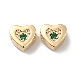 Perle in ottone placcato oro 18k reale, con vetro, cuore, verde scuro, 7x7.5x3.5mm, Foro: 1 mm