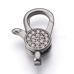 Brass Micro Pave Cubic Zirconia Lobster Claw Clasps, Clear, Gunmetal, 19x12x4.5mm, Hole: 1.5mm