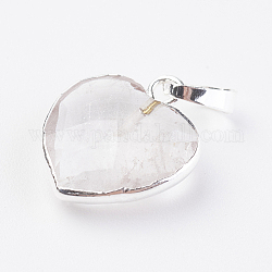 Pendentifs de cristal de quartz naturel, avec les accessoires en laiton, facette, cœur, couleur argentée, 14~15x12~12.5x4.5~5.5mm, Trou: 4x6mm