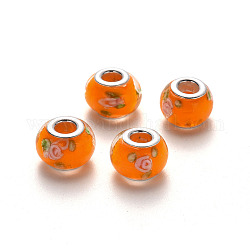Perles européennes vernissées manuelles, perles de rondelle avec grand trou , en laiton de tonalité de platine noyaux doubles, orange foncé, 14~15x9~10mm, Trou: 5mm
