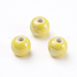 Perles en porcelaine manuelles, nacré, ronde, jaune, 8mm, Trou: 2mm