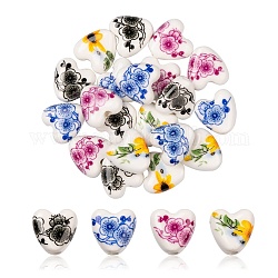 20 pièces de perles en céramique de porcelaine faites à la main de 4 couleurs, fleur imprimée, cœur, couleur mixte, 15x15x7mm, Trou: 3mm, 5 pcs / couleur