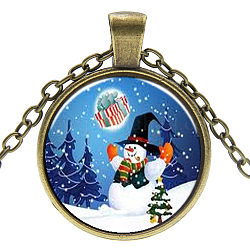 Weihnachtsthema Glas Anhänger Halsketten, mit Legierung-Zubehör, Flach rund mit Schneemann, Antik Bronze, 17.7 Zoll (45 cm), Anhänger: 27 mm