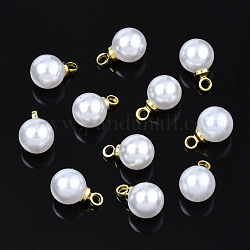 Pendentifs en plastique imitation perle ABS, avec les accessoires en laiton, ronde, blanc, 9x6mm, Trou: 1.5mm