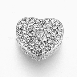 Abalorios europeos de 304 acero inoxidable, Abalorios de grande agujero, con diamante de imitación, corazón, color acero inoxidable, cristal, 10x11x7mm, agujero: 4 mm