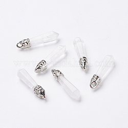 Pendentifs pointus en cristal de quartz naturel, pendentifs en cristal de roche, avec les accessoires en alliage de tonalité de platine, balle, 33~40x8~9x8~9mm, Trou: 3x4mm