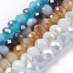Electroplate Glass Faceted Rondelle Beads Strands, Imitation Jade, Half Plated, Mixed Color, 3x2mm, Hole: 1mm, about 123~127pcs/strand, 13.7~14.1 inch(35~36cm)