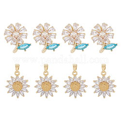 DICOSMETIC 8Pcs 2 Style Brass Micro Pave Clear Cubic Zirconia Pendants, with Glass, Flower, Real 18K Gold Plated, 19~19.5x17~18x3.5~7.5mm, Hole: 3x5~6mm, 4Pcs/style
