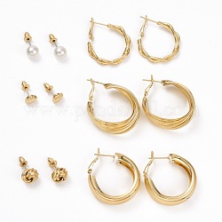 Anello & cuore & nodo & orecchini tondi imitazione perla, orecchini a cerchio aperto per le donne, oro, 7.5~33x4~12.5mm, ago :0.8mm, 6 coppie / set
