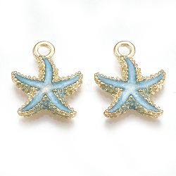 Colgantes de esmalte de aleación, Estrella de mar / estrellas de mar, la luz de oro, el cielo azul, 17.5x14.5x2.5mm, agujero: 2 mm
