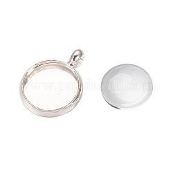 Dome Transparent Glass Cabochons and Brass Pendant Cabochon Settings for DIY, Nickel Free, Silver Color Plated, Tray: 10mm, 12x2mm, Hole: 3mm, 9.5~10x3.5mm