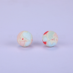 Rond imprimé avec perles focales en silicone à motif coeur, blanc, 15x15mm, Trou: 2mm