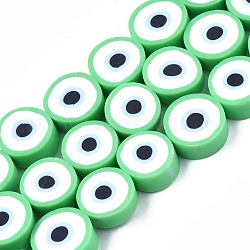 Chapelets de perle en pâte polymère manuel, rond et plat avec des mauvais œil, vert clair, 8~11x4mm, Trou: 1.2mm, Environ 40 pcs/chapelet, 13.98 pouce ~ 15.35 pouces (35.5cm ~ 39cm)