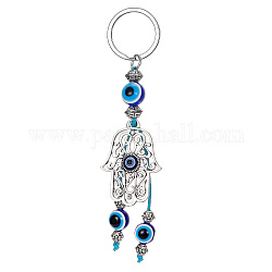 Porte-clés pendentif main de hamsa creuse en alliage/main de miriam, Perle du mauvais œil turc, clé de voiture ou ornements de sac, bleu foncé, 13.5 cm