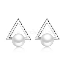 Clous d'oreilles en laiton, avec Shell perles de nacre, triangle avec rond, platine, 19~20x15mm, pin: 0.7 mm