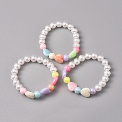 Bambini braccialetti elasticizzati con perline acriliche, con perla finta plastica ecologica e perline acriliche, cuore e rotondo, colore misto, 1-5/8 pollice (4.3 cm)