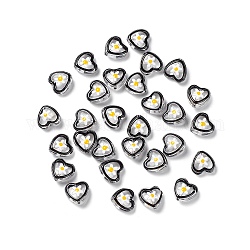 Perles en verre transparentes, avec l'émail, coeur avec motif de fleurs, noir, 12x12x6.5mm, Trou: 0.9mm