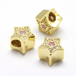 Micro ottone spianare grado AAA zirconi European Beads, perline con foro grande, stella,  piombo & nichel & cadmio libero, vero placcato oro 18k, 10x8mm, Foro: 4 mm