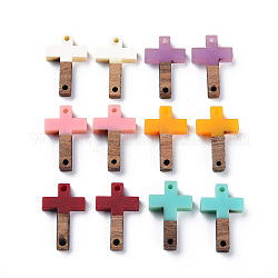 Connecteurs de maillons en résine opaque et bois de noyer, deux tons, croix, couleur mixte, 19x12x3mm, Trou: 1.2mm